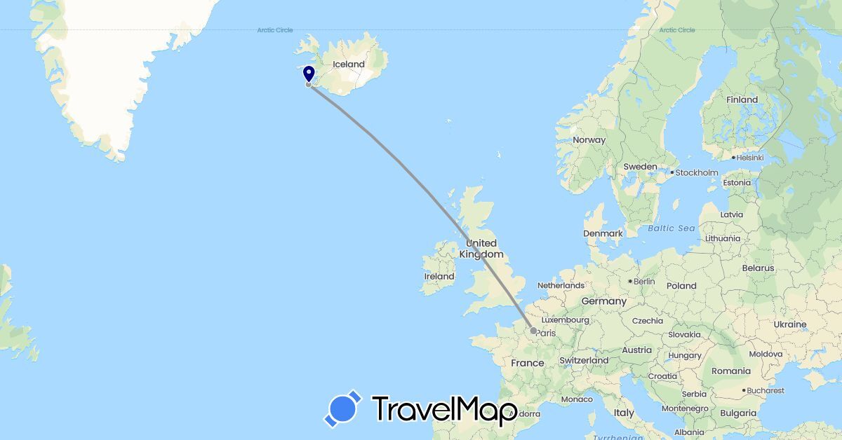 TravelMap itinerary: driving, plane in France, Iceland (Europe)